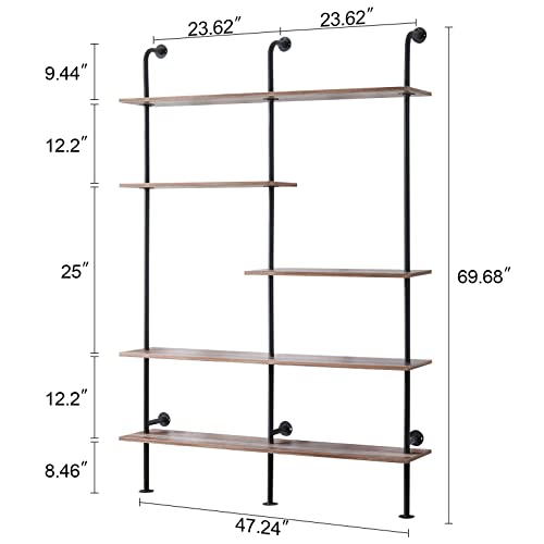 Homissue Industrial Bookshelf 5-Tier Open Wall Mount Ladder Bookshelf, Modern Bookcase With Metal Frame And Wood For Home Office, Wall Mounted Industrial Iron Pipe Shelf, Oak Brown #TOP1