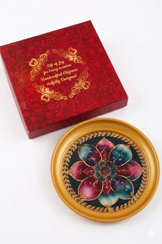 Image of R Ayurveda Copper Mandala Metal Tray - 6 Inch Decorative Round Platter for Wedding & Birthday Gifts - Artistic Handcrafted Design Gold Finish Gold Foiling for Home Decor with Printed Gift Box
