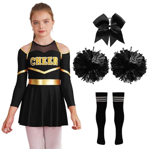 iiniim Déguisement Pompom Girl Enfant Fille Uniforme Cheer Leader 4 Pcs Robe De Danse Cheerleading Costume Carnaval Halloween 5-16 Ans Noir et Blanc 9-10 ans