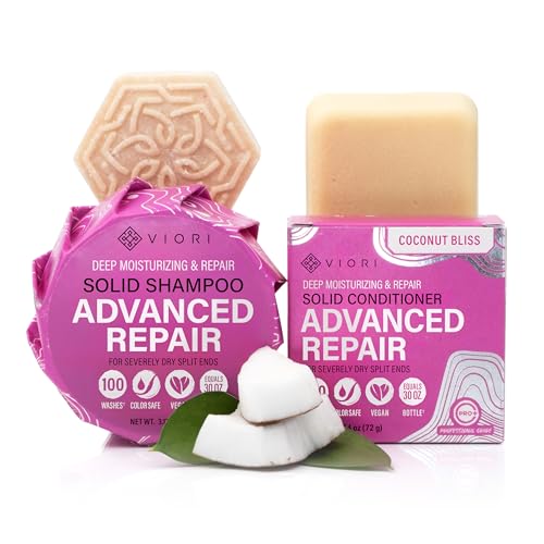 Viori Coconut Advanced Repair Shampoo & Conditioner Bar Set – Longsheng Rice Water & Jojoba Esters – Sulfate-Free, Eco-Friendly, Travel Bars for Dry or Damaged Hair