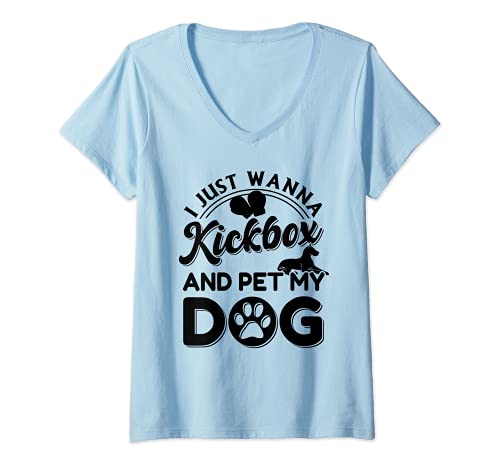 Womens Kickbox & Pet Dog Funny Boxing V-Neck T-Shirt, Blue