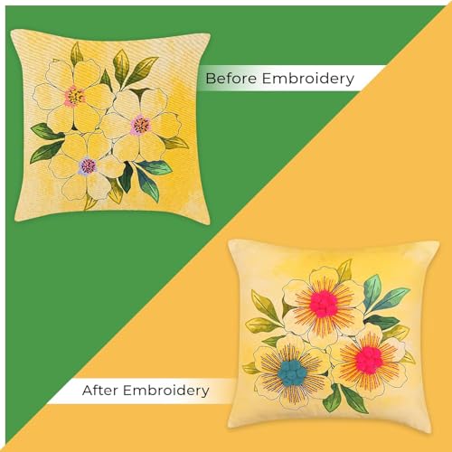 Image of picknMAKE Beginners for Set Kit Embroidery Hand Cover Cushion DIY 2 of Pack - Covers Pillow Cross-Stitch Bloom Floral | Decor Home | 16 inchx16 inch | Pattern Printed Digitally | Included Materials All