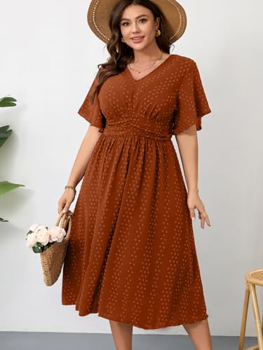 Image of RWJ Women's Plus Size Maxi Dress V Neck Short Sleeve Swiss Dot A Line High Waist Boho Swing Casual Summer Dresses
