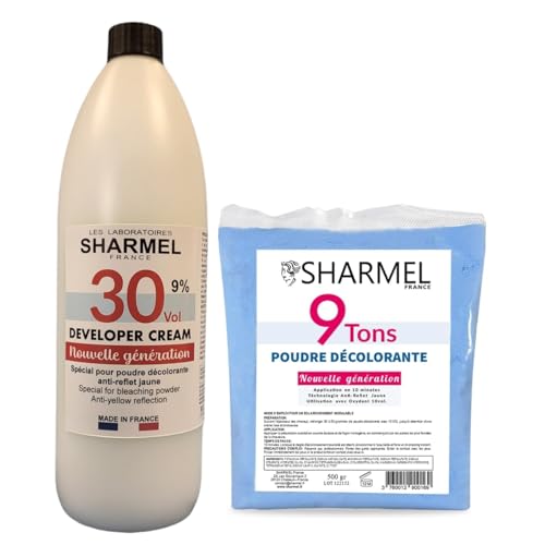 Poudre Décolorante 9 TONS - Technologie anti-reflet jaune 500ml + Crème révélatrice 30vol 900ml - Qualité Professionnelle - Fabriqué en France