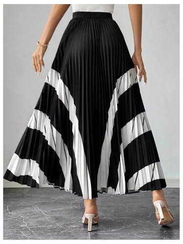 OYOANGLE Women's Elegant Color Block High Waist Pleated A Line Long Skirt Swing Flowy Work Skirts2