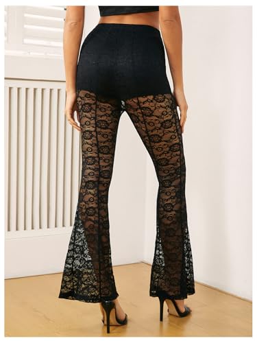 WDIRARA Women's Sexy Lace Mesh Flare Bell Bottom Pants Elastic Waist See Through Pants Stretchy Trousers2
