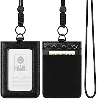 VULKIT ID Badge Holder with Lanyard for Women and Men Vertical Leather Badge Holder with Clear ID Window Card Holder Slot and Money Pocket