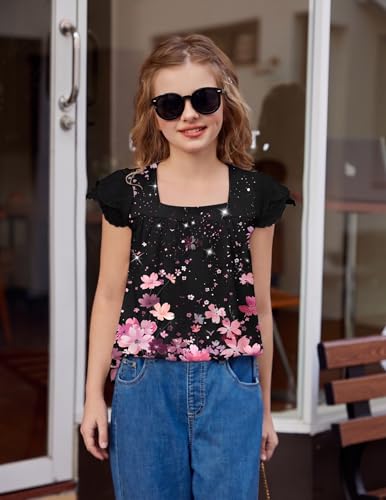 Image of Arshiner Girls Shirts Short Sleeve Square Neck Summer Lace Openwork Pleated Tops Blouse Tunic