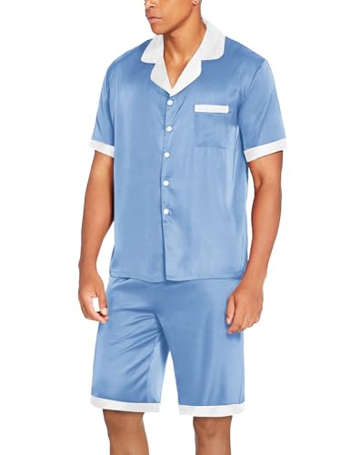 Image of Ekouaer Men Satin Silk Pajamas Set with Pockets Sleepwear Shorts Satin Summer Loungewear 2 Piece Button Down Set S-3XL, Blue, Large