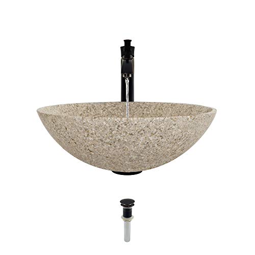 MR Direct 850-T-726-ABR Tan Stone Vessel Sink in Honed Basalt Granite with Faucet and Pop-Up Drain in Antique Bronze, 726 MR Direct 850-T-726-ABR Tan Stone Vessel Sink in Honed Basalt Granite with Faucet and Pop-Up Drain in Antique Bronze, 726