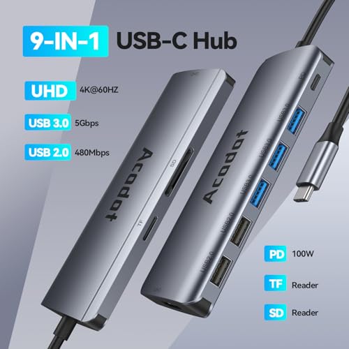 Image of Acodot USB C Hub, Acodot 9 in 1 USB C to 4K@60HZ HDMI Multiport Adapter, 3 USB 3.0 Ports, SD /TF Card Reader, 100W PD, Desigend for MacBook Pro Air HP XPS and Other Type C Devices