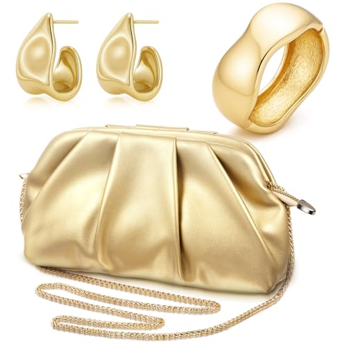 Image of Landical 3Pcs Gold Clutch Purse Jewelry Set for Women Evening Bag Cuff Bracelet Earring Gold Accessories for Women Prom Party