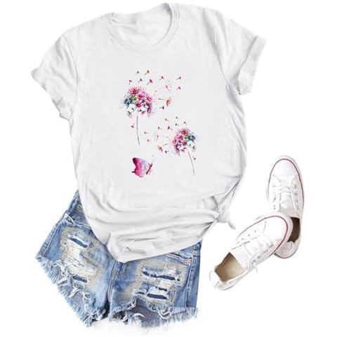 MK Shop Limited Women Dandelion Graphic T Shirt Cute Casual Flower Inspirational Graphic Tee Spread Kindness Multicoloured Tee Tops Cover