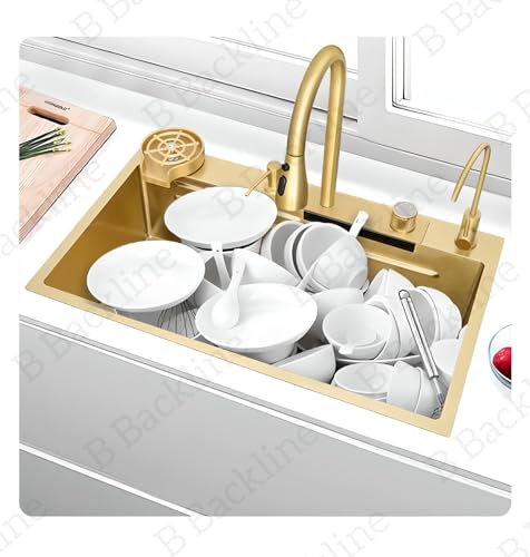 Image of B Backline Kitchen Sink SS 304 Grade Modular Sink With Pull-Down Faucet and Rainfall Mode,RO Mineral Water Tap, Glass Washer, Fruit Basket, Chopping Board, Kitchen Sink 30 inch X 18' inch X 9 inch Inches (Gold)