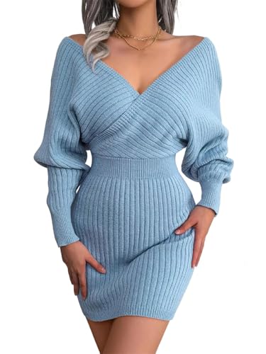 Women's White V-Neck Short Knit Dress Spring Autumn Casual Long