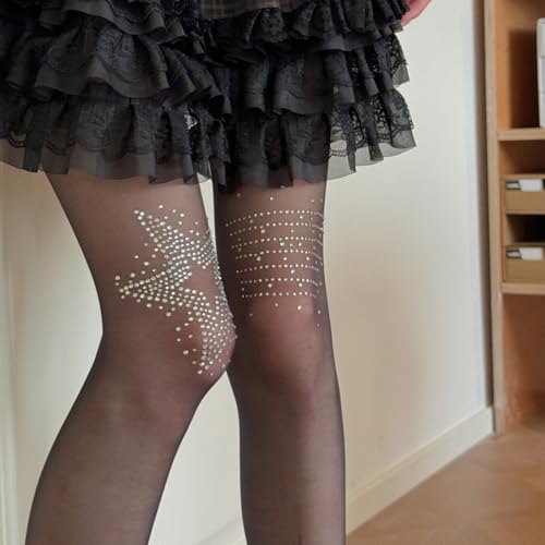 Image of Women's Sheer Tights with Rhinestone Star Pattern, Sparkle Fashion High Waist Hosiery Stockings Party Pantyhose