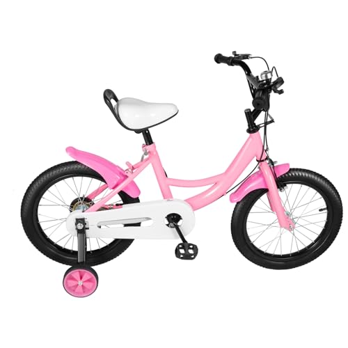 Guoked 16 Zoll Kinderfahrrad, Kohlenstoffstahl Rosa Höhenverstellbar Kinderrad Fahrrad Jugendfahrrad mit Schutzblech Abnehmbare Stützräder Vorderradbremse Hinterradbremse für 4-8 Jahre Jungen Mädchen
