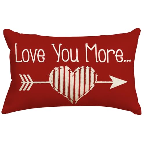 ARGOOFG Valentine Pillow Cover12 x 20 Inch, Love You More Arrow Love Heart Throw Decorative Outdoor Lumbar Red Cushion Cases for Valentines Decor Decorations for Home Couch Patio