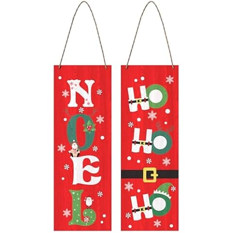 Super Holiday 2PCS Christmas Decorations, Red Wooden Christmas Front Door Hanging Decorations Included HO HO HO Noel Sign, for Rustic Farmhouse Home Porch Wall Xmas Outdoor Party Decor Cover