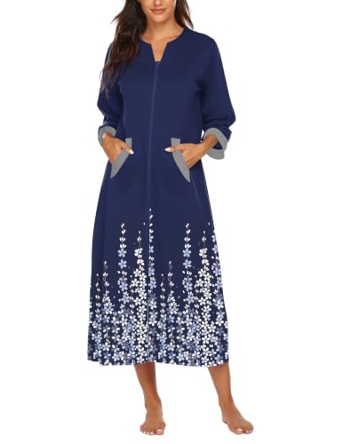 Image of Ekouaer Robes for Women Zipper Robe 3 /4 Sleeves Housecoat with Pockets