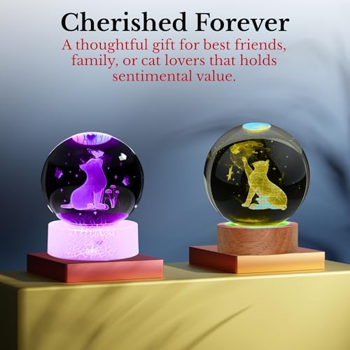 Image of 2 Pcs 3D Laser-Engraved Crystal Cat Ball Lamp with Wooden Base, USB Powered Hand & Cat RGB Night Light, A Unique Crystal Lamp for Your Home & Office Or Decorative Showpiece & Gift