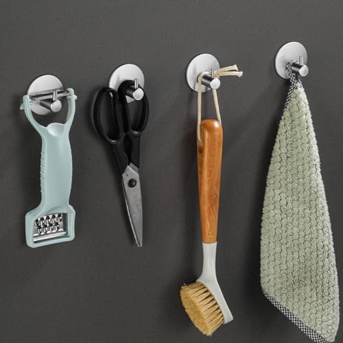Klebehaken Extra Stark 2 Stück, Haken Ohne Bohren Mit Klebepads Haken Selbstklebend Edelstahl SUS 304 Runde Haken Wasserdicht Klebehaken Badezimmer Multifunktional Für Bad Toilette Küche (Silber)