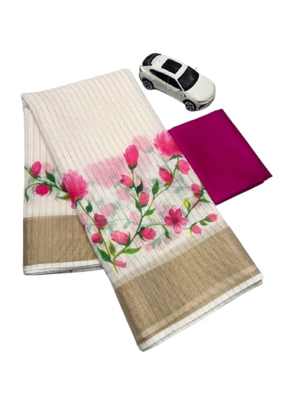 vraj creation Elegant Kerala Plain Linen Saree with Golden Border & Floral Print – Traditional South Indian Saree with Blouse Piece-picture-0