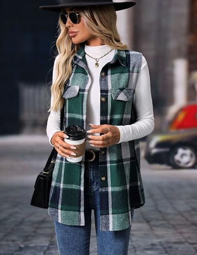 Mansy Womens Fall Flannel Plaid Outerwear Vest Casual Lapels Button Down Shirt Fashion Sleeveless Jacket Cardigan Coat3