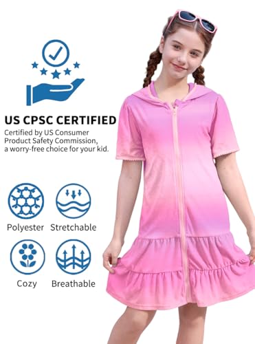 Image of BesserBay Kids Summer Zip-up Terry with Hood Towel Dress with Pockets Tiered Loose Fit Pink Quickly Dry Beach Robe 3-4 Years