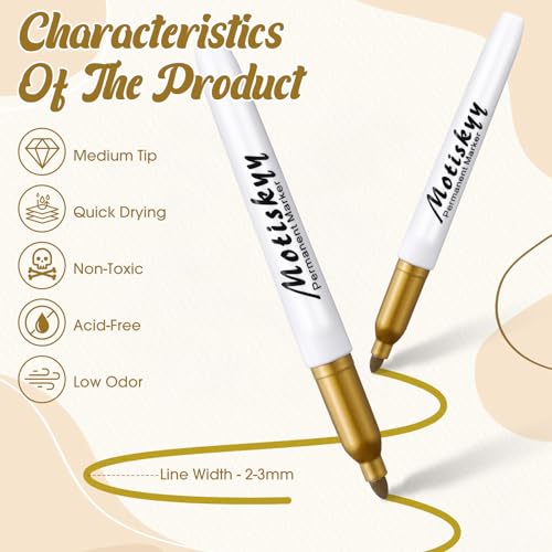 Image of Motiskyy 48 Pcs Metallic Permanent Markers Bulk Metallic Marker Pens Medium Tip Quick Dry Paint Pen for DIY Crafts Artist Illustration Gift Card Making(Gold)