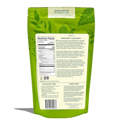 Image of Worldwide Botanicals Instant Chicory Root, 114 servings - Caffeine-free Coffee Alternative - Blend Instant Chicory with Coffee, Prebiotic, Acid-Free, Kosher, Gluten-Free - 8 ounces (Pack of 2)
