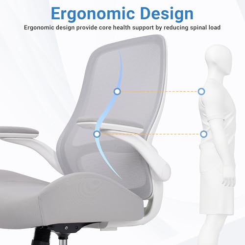 Image of HYLONE Office Chair Ergonomic Desk Chair with Flip up Armrests, 5 inch Thickened Seat Computer Chair with Mesh Back Home Office Computer Chairs for Long Hours Mesh Executive Chair(White Base & Grey)