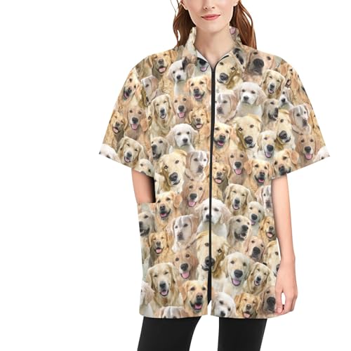 COWCUTE Golden Retriever Print Grooming Smock for Dog Groomers Barber, Jacket Smocks Hairstylist Smocks Jacket for Women Men