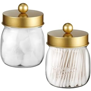 Farmhouse Decor Apothecary Jar Set,Mason Jar Bathroom Vanity Storage Organizer Canister – Qtip Holder Plastic Acrylic Jar for Cotton Swabs,Cotton Pads,Floss Picks,Paper Clips,Hair Clips(2 Pack,Gold)