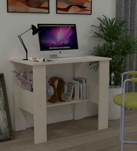 Image of Modern Compact Study Desk with Storage Shelf, White, Space-Saving Home Office Table, 90x50x74 cm