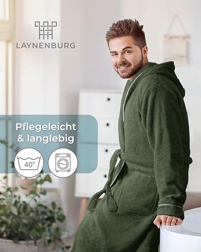 LAYNENBURG Bademantel Herren Frottee - Kapuze - Lang - 100% Baumwolle (360g/m2) - OEKO TEX Standard 100 - Größe (L, Grün)