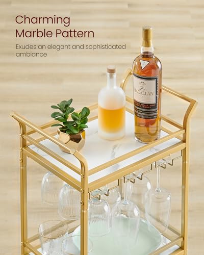 Image of VASAGLE Bar Cart, 3-Tier Shelf, Wine Holders, Glass Holders | Home Bar Serving Cart, 18.4 x 11.8 x 36.2 in, Small Spaces, Kitchen, Living Room, White and Gold, BARIS Collection ULRC101A01