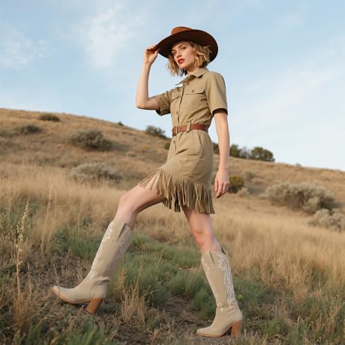 Image of Modatope Knee High Cowboy Cowgirl Boots Embroidered Tall Western Boots for Women with Block Chunky Heel Pointed Toe and Slip on Design