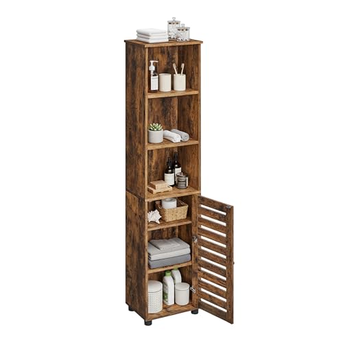 Relaxdays Badezimmerschrank mit Tür, HBT: 167x30x40 cm, 6 Fächer, Toilettenschrank, hoch, schmal, Bad Hochschrank, braun