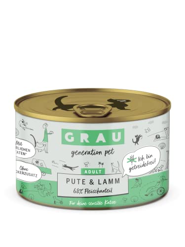 GRAU – das Original – Nassfutter für Katzen - Pute & Lamm, 6er Pack (6 x 200 g), getreidefrei, für Erwachsene Katzen
