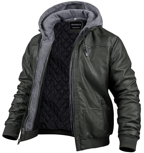 CREATMO US Leather Jacket With Hoodie Men Harley Mens Motorcycle Biker Faux Bomber Stylish Fashion Hooded Jackets Coat Army Green L