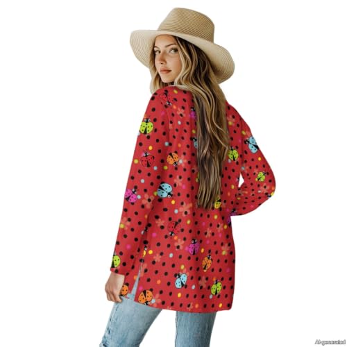Image of Forchrinse Red Ladybug Cardigan for Women Causal Long Sleeve Open Front Cardigans Sweater Fashion 2024 Fall Coat with Pockets