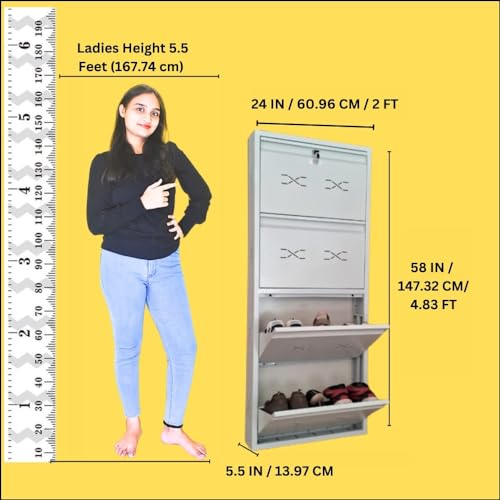 Image of I Metal Shoe Rack I Double Lock I Slim and Wall Mounted I 4 Door (Ivory Colour) I Coad LC 2M-04 IV I Height 58 Inches, Width 24 Inches, Depth 5.5 Inches I 3 Years Warranty.