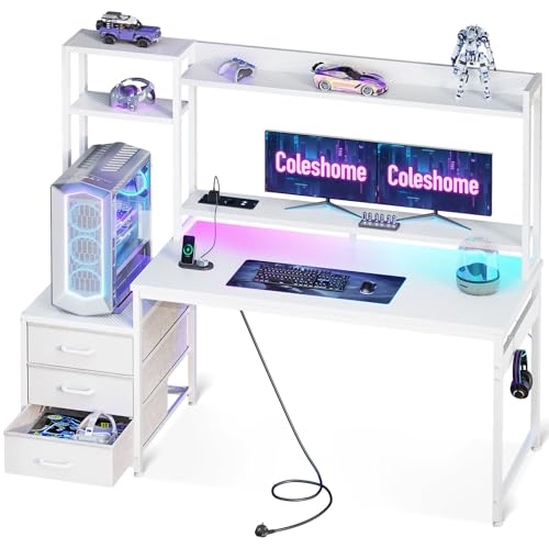 Coleshome Gaming Tisch mit Regal und Schubladen,137×48cm Gaming Schreibtisch mit LED-Beleuchtung & Steckdose, Computertisch mit Ablageflächen & Monitorständer, Carbon Fiber Weiß
