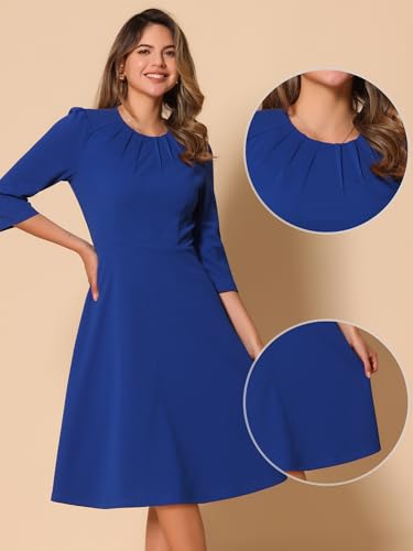 Image of Allegra K Elegant Work Dress for Women's 3 /4 Sleeve Round Neck Pockets Vintage A-Line Swing Midi Dress