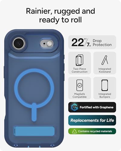 Image of ZAGG Rainier Case with Kickstand for iPhone Air - Blue Cobalt Horizon, Graphene 22ft (7m) Drop Protection, Lanyard Attach Points, MagSafe, Wireless Charging Compatible, 2-Piece Design, Phone Case