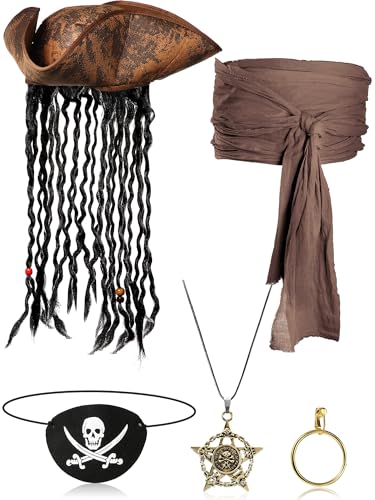 Sintege 5 Pieces Pirate Costume Accessories Set Pirate Hat with Dreadlock Earring Skull Necklace Eye Sash for Halloween Men(Khaki)