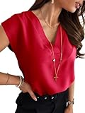 Lynwitkui Women's V Neck Chiffon Blouses Cap Sleeve Shirts Casual Loose Work Office Solid Tops