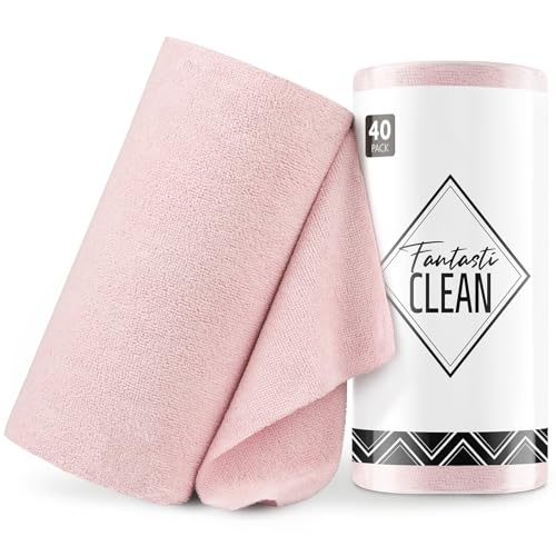 Fantasticlean Rouleau de Chiffon en Microfibre - 40 Pièces, Chiffons de Nettoyage Déchirables, Lavettes Réutilisables et sans Peluches 30 x 30 cm (Rose)