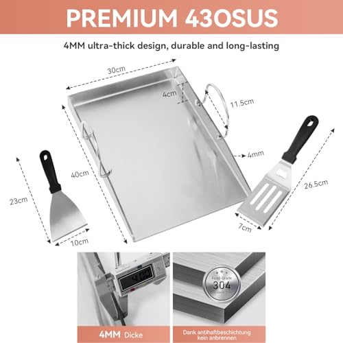 Edelstahl Grillplatte Plancha 40 x 30 x 4 cm mit 2 Grillspachteln, Abnehmbaren Griffen für Weber, Enders, Burnhard Ersatzteile Zubehör – BBQ Grillplatte für Gasgrill & Holzkohlegrill